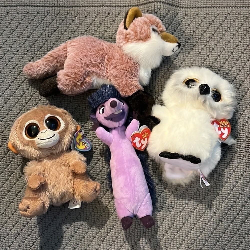 NEW Lot of FOUR Ty Beanie Boos/Babies Monkey Owl Fox Dos from Ferdinand All Tags
